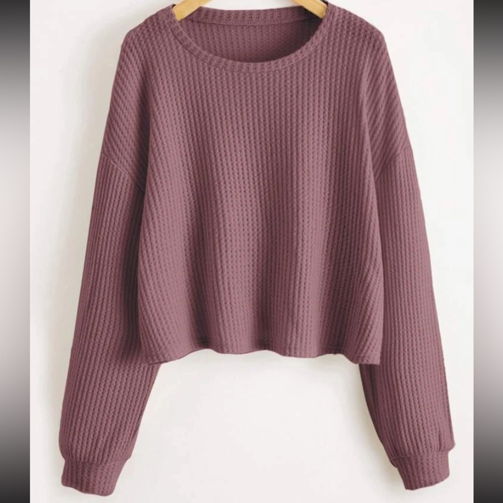 ROMWE Mauve Rust Waffle Knit Crew Neck Sweater Cropped Long Sleeve Pullover